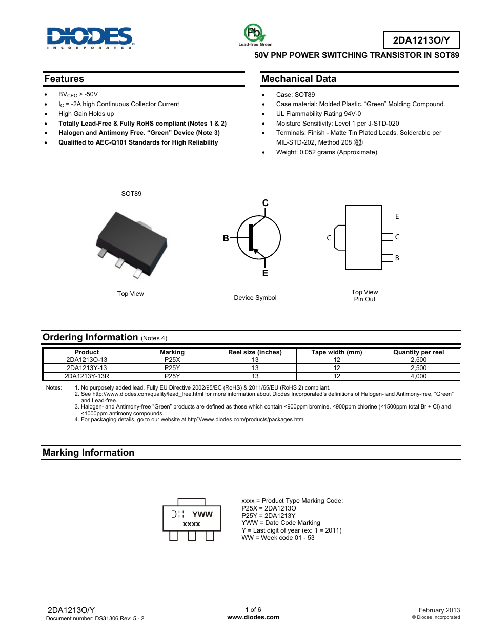 Diodes 2DA1213O/Y User Manual | 6 pages
