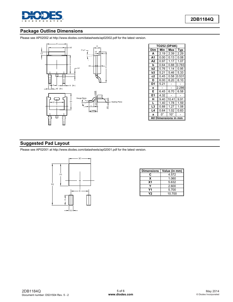 Package outline dimensions, Suggested pad layout | Diodes 2DB1184Q User Manual | Page 5 / 6