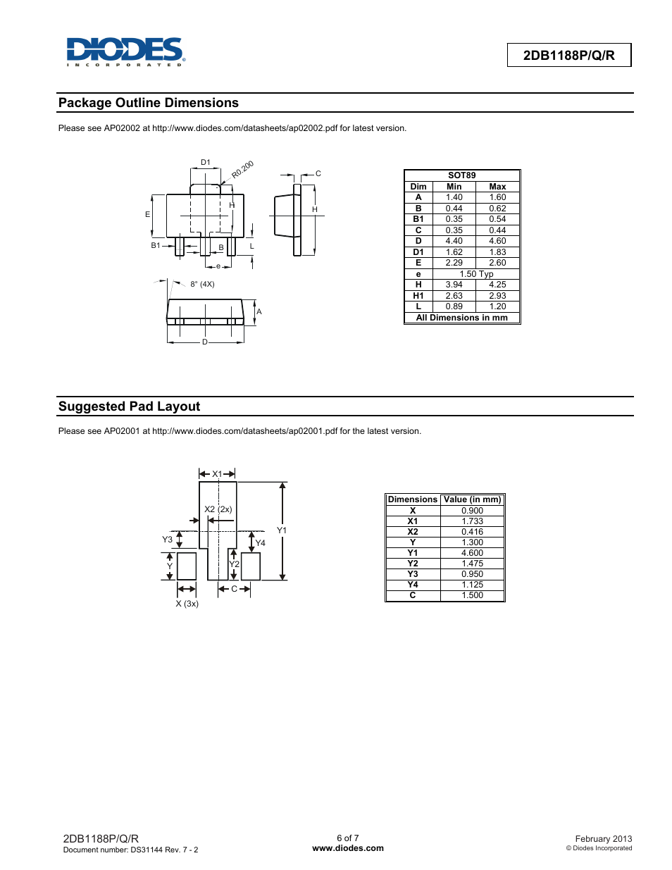 Package outline dimensions, Suggested pad layout | Diodes 2DB1188P/Q/R User Manual | Page 6 / 7