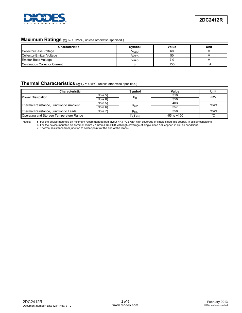 Maximum ratings, Thermal characteristics | Diodes 2DC2412R User Manual | Page 2 / 6