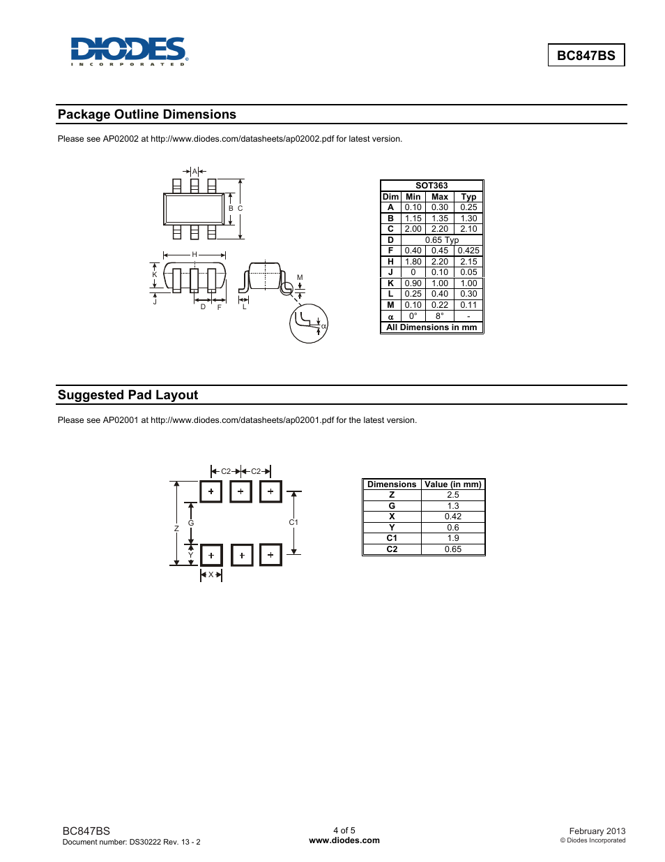 Bc847bs, Package outline dimensions, Suggested pad layout | Diodes BC847BS User Manual | Page 4 / 5