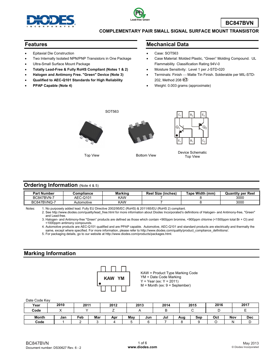 Diodes BC847BVN User Manual | 6 pages