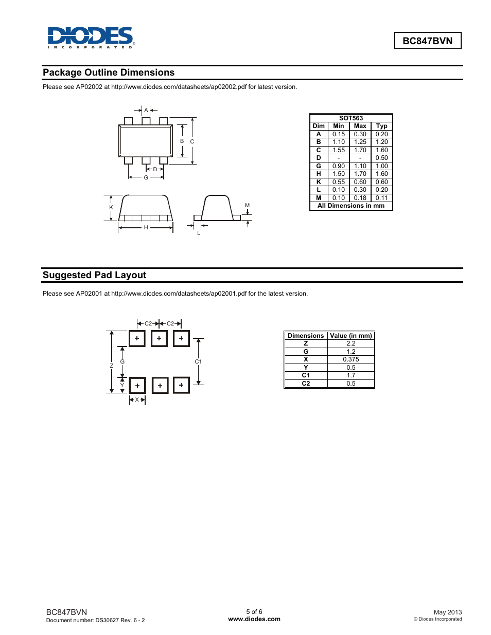 Bc847bvn, Package outline dimensions, Suggested pad layout | Diodes BC847BVN User Manual | Page 5 / 6