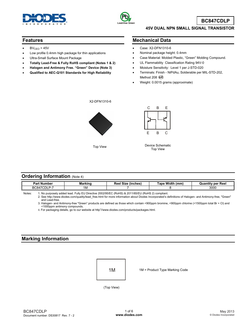 Diodes BC847CDLP User Manual | 6 pages