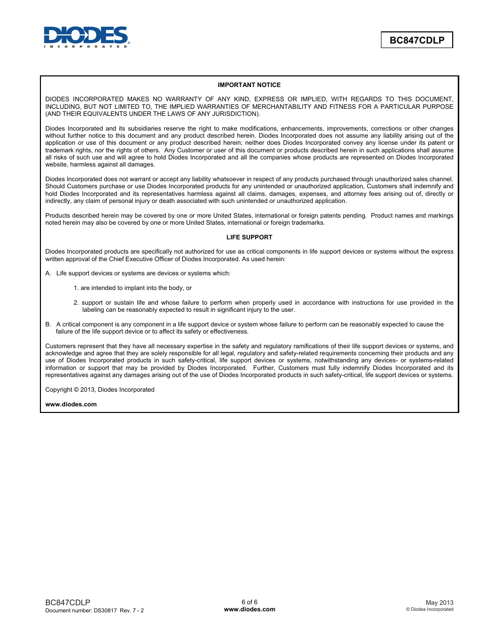 Bc847cdlp | Diodes BC847CDLP User Manual | Page 6 / 6