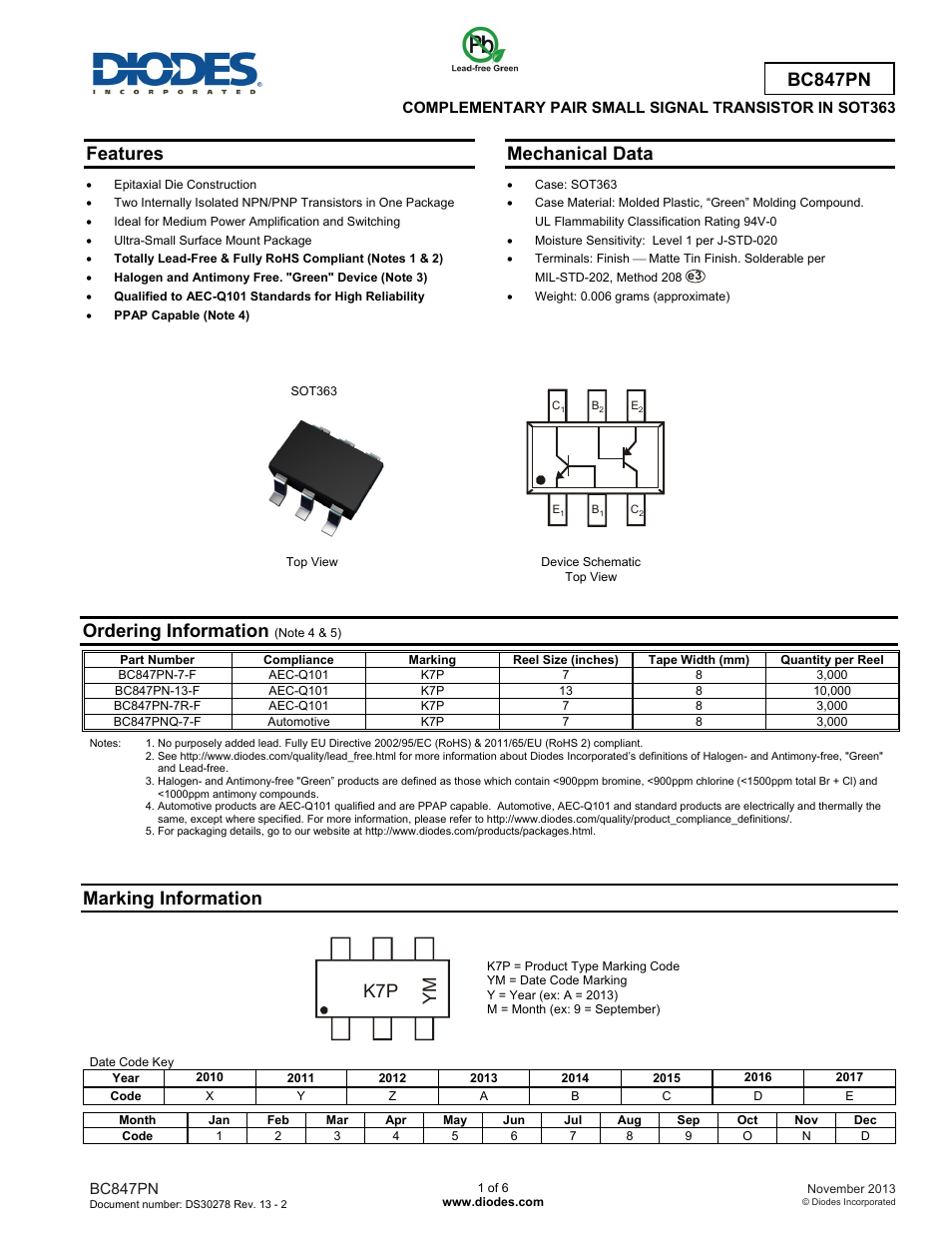 Diodes BC847PN User Manual | 6 pages