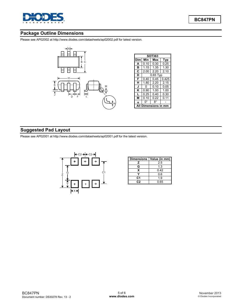 Bc847pn, Package outline dimensions, Suggested pad layout | Diodes BC847PN User Manual | Page 5 / 6