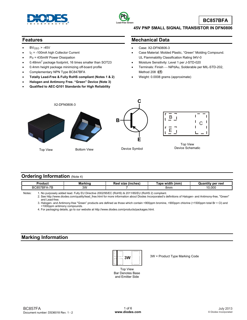 Diodes BC857BFA User Manual | 6 pages