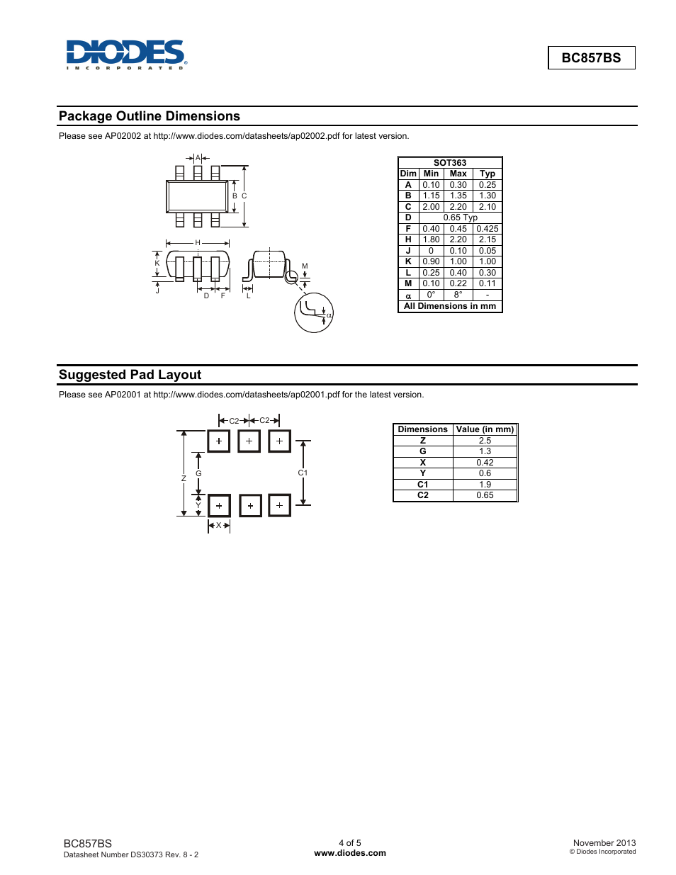 Bc857bs, Package outline dimensions, Suggested pad layout | Diodes BC857BS User Manual | Page 4 / 5