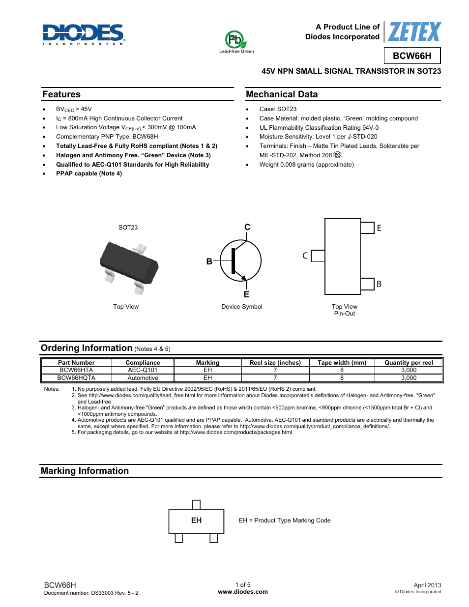 Diodes BCW66H User Manual | 5 pages