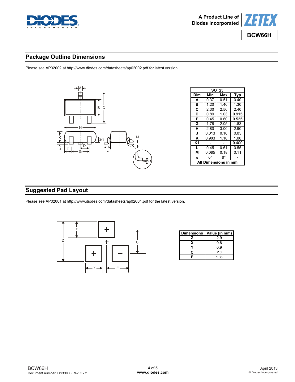 Bcw66h, Package outline dimensions, Suggested pad layout | Diodes BCW66H User Manual | Page 4 / 5