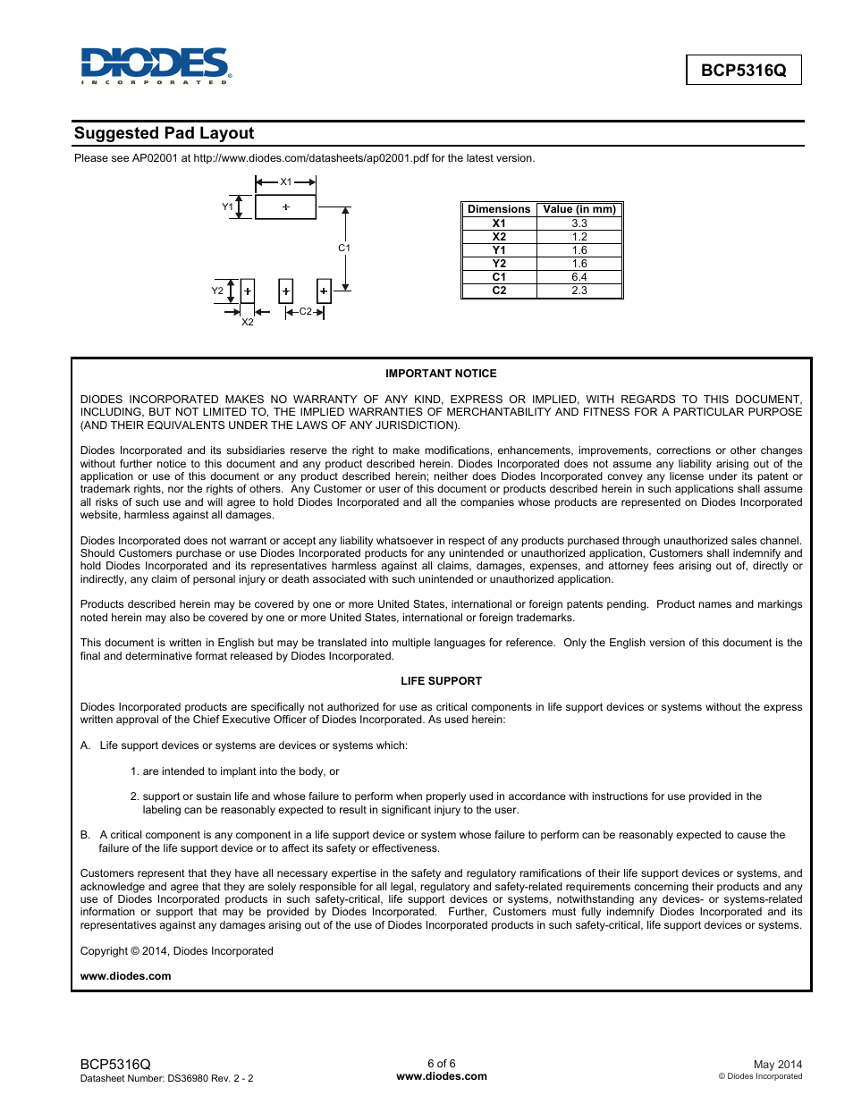 Bcp5316q, Suggested pad layout | Diodes BCP5316Q User Manual | Page 6 / 6