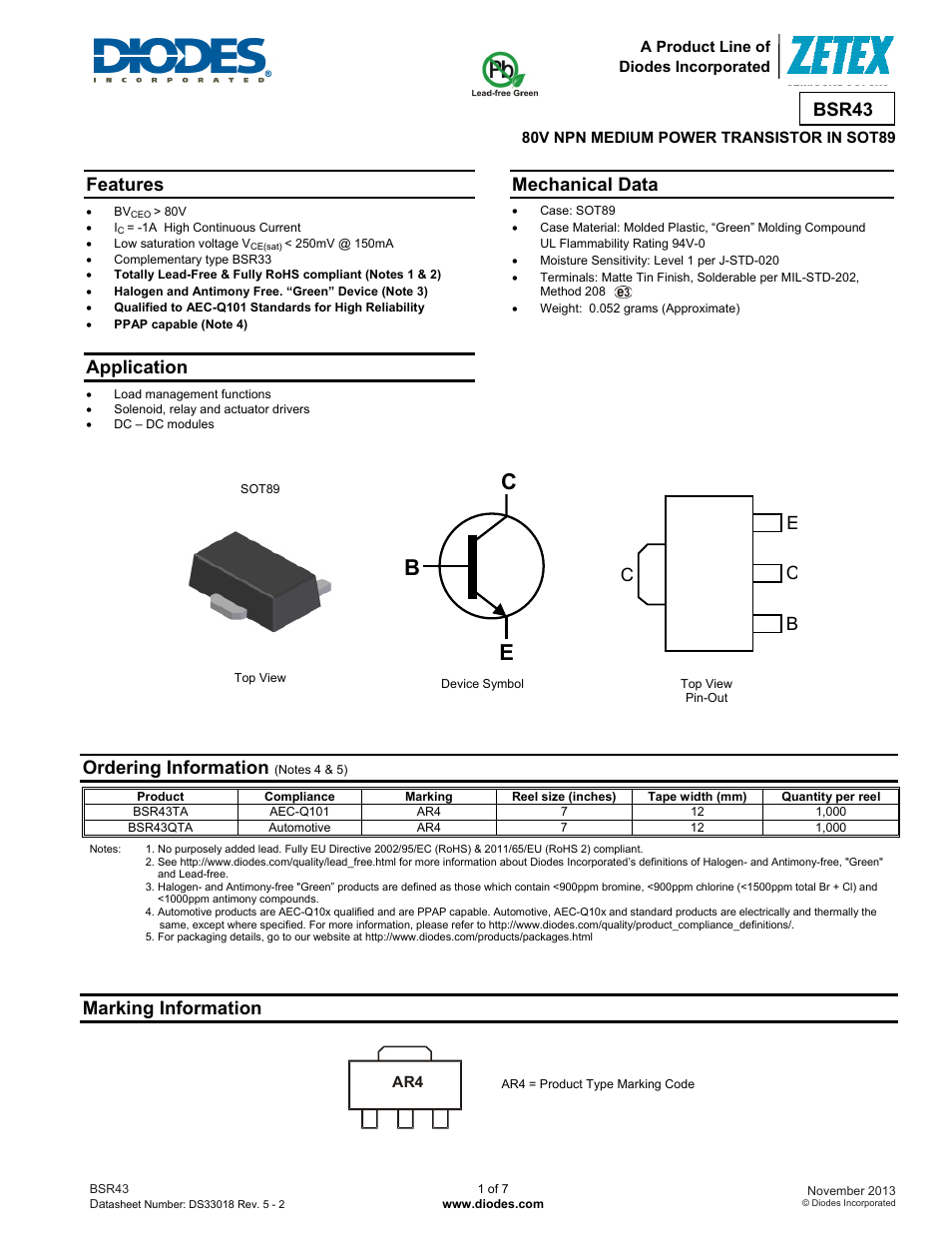 Diodes BSR43 User Manual | 7 pages