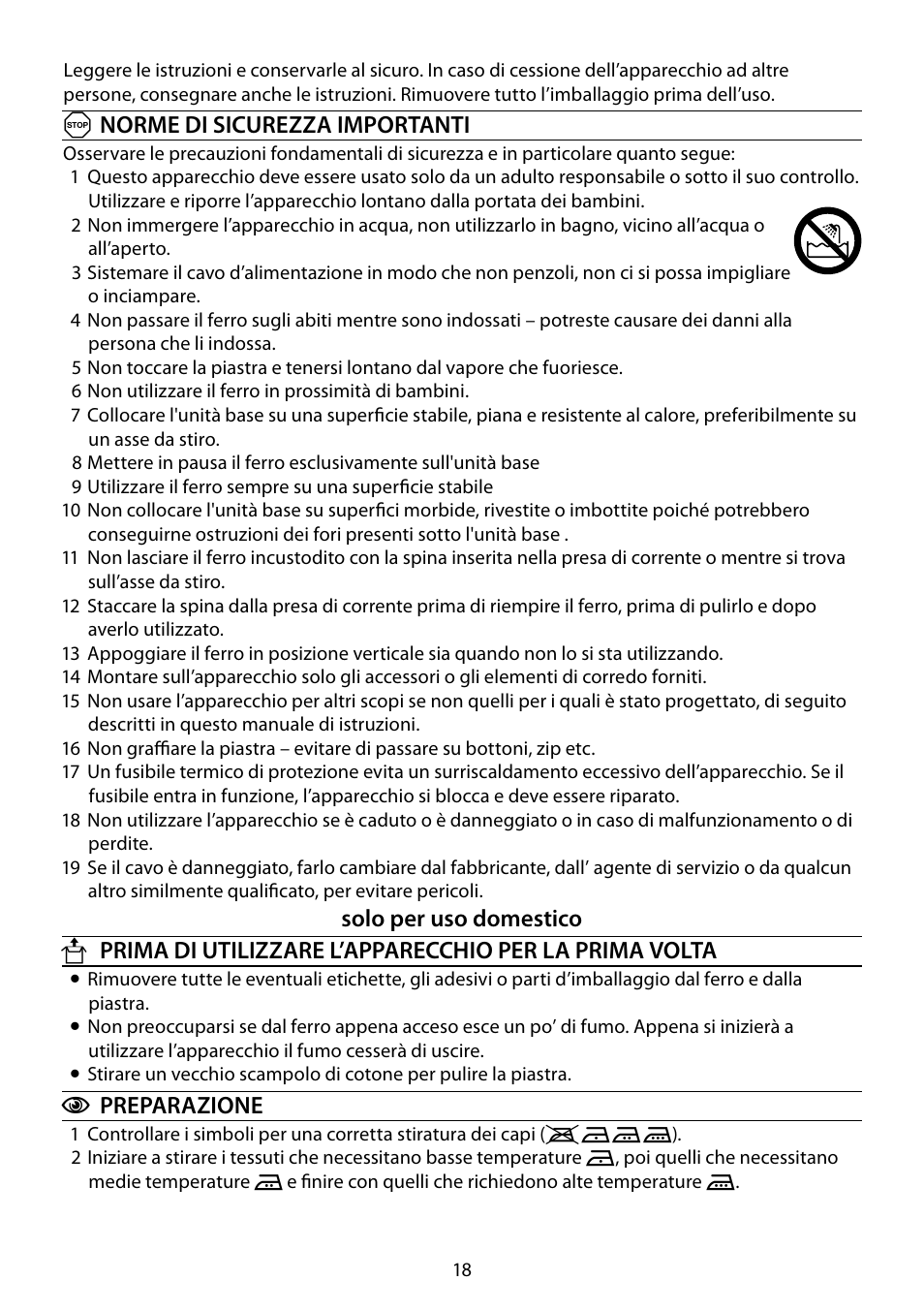 Anorme di sicurezza importanti, Cpreparazione | RUSSELL HOBBS STEAM GLIDE User Manual | Page 18 / 92