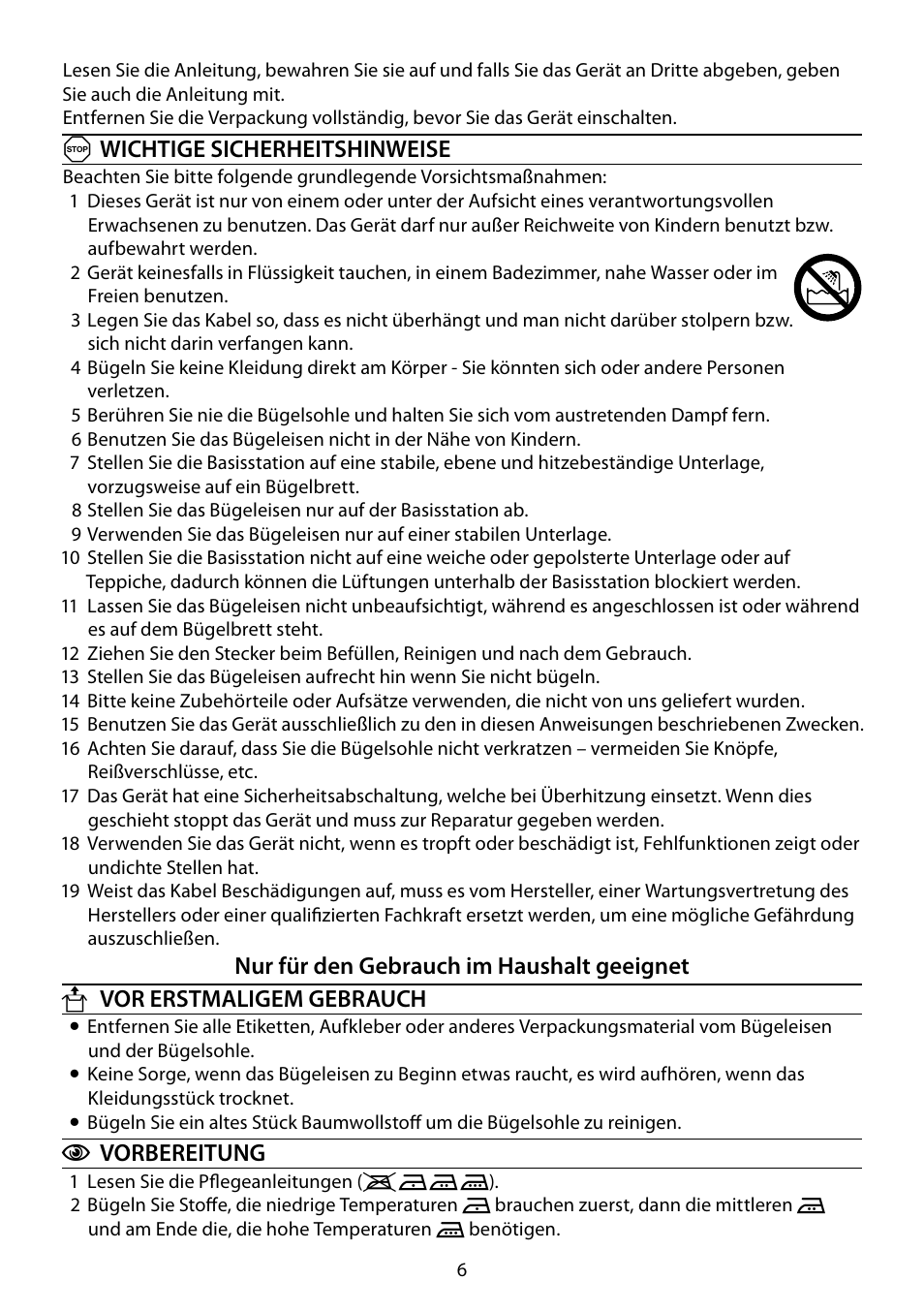 Awichtige sicherheitshinweise, Cvorbereitung | RUSSELL HOBBS STEAM GLIDE User Manual | Page 6 / 92