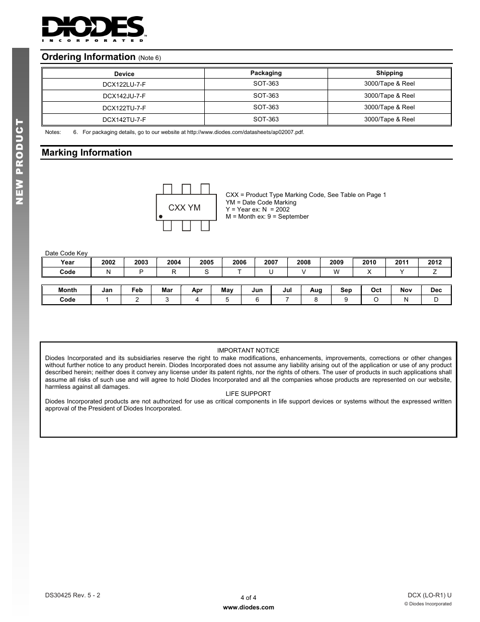 Ordering information, New prod uc t, Marking information | Cxx ym | Diodes DCX (LO-R1) U User Manual | Page 4 / 4