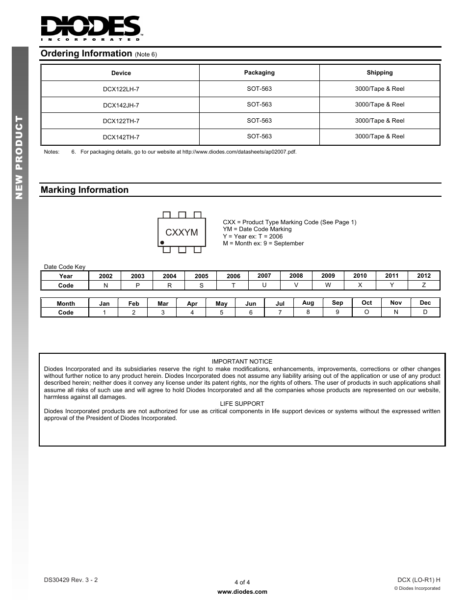 Ordering information, New prod uc t, Marking information | Cxxym | Diodes DCX (LO-R1) H User Manual | Page 4 / 4