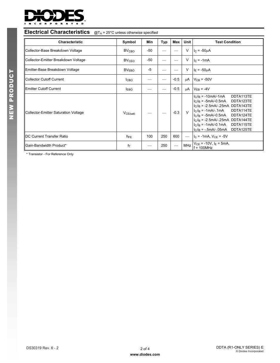 New prod uc t, Electrical characteristics | Diodes DDTA (R1-ONLY SERIES) E User Manual | Page 2 / 4
