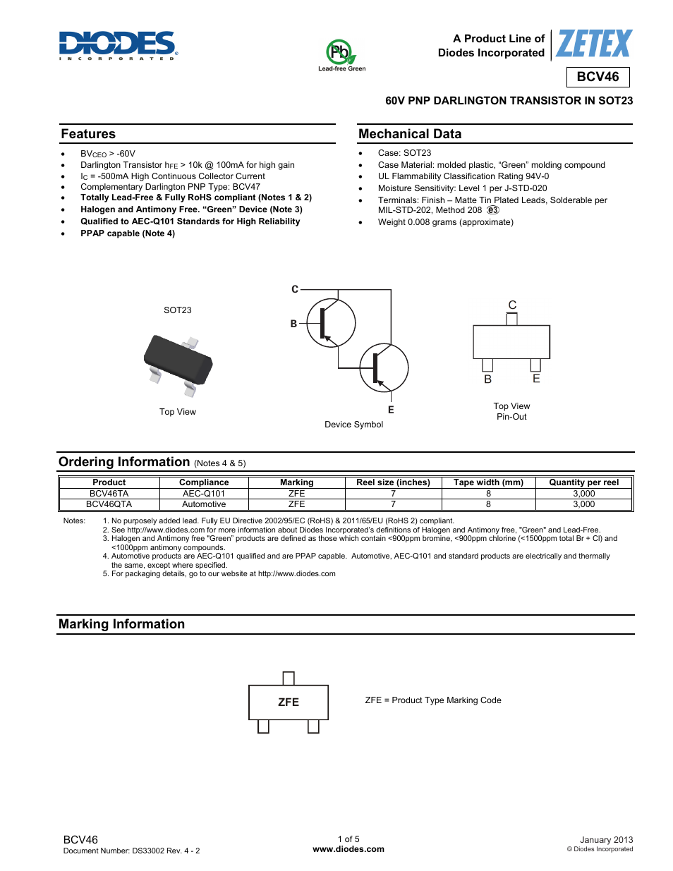 Diodes BCV46 User Manual | 5 pages
