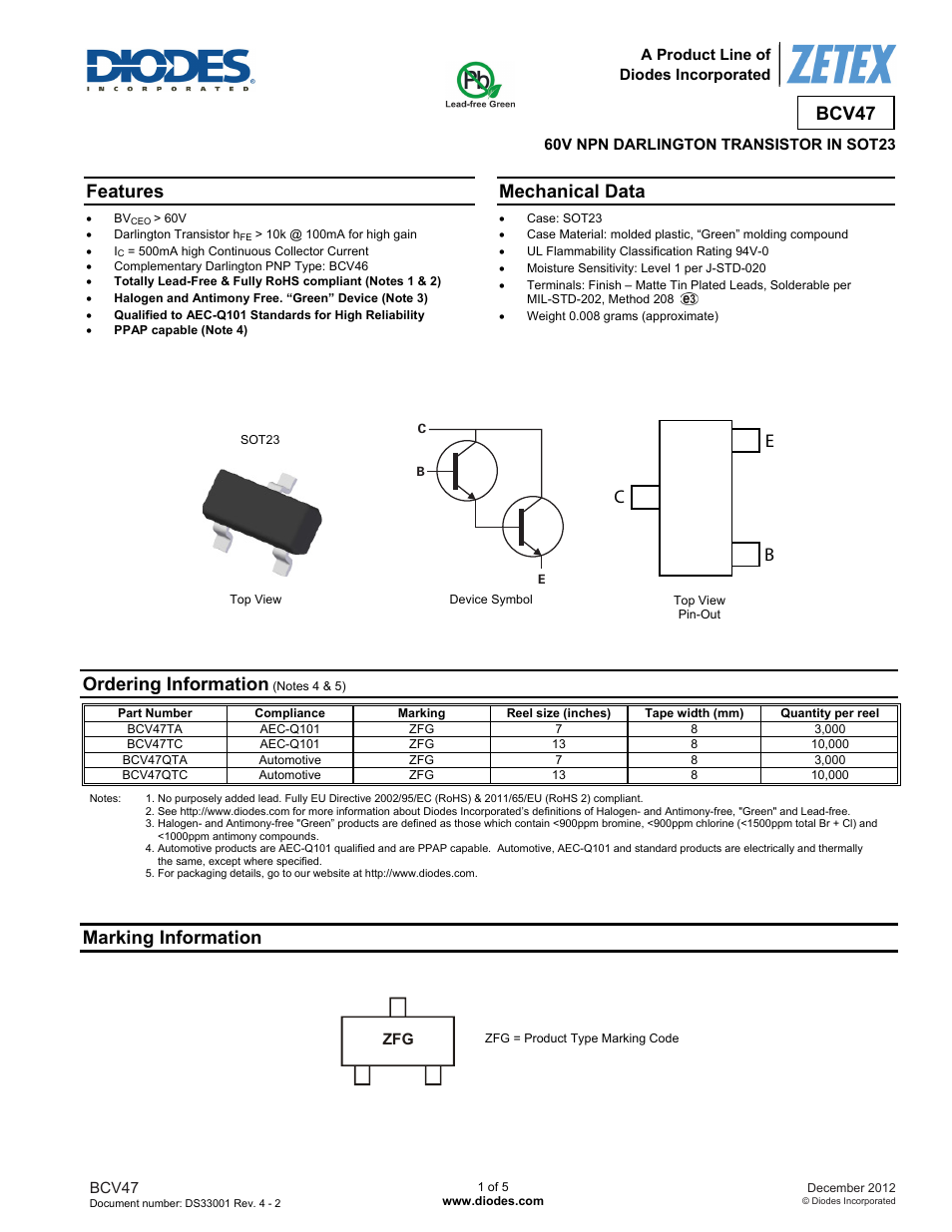 Diodes BCV47 User Manual | 5 pages