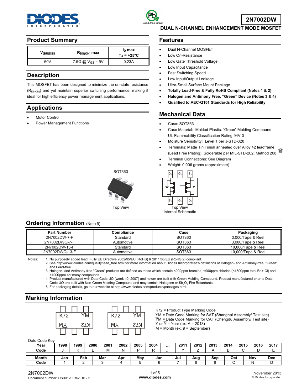 Diodes 2N7002DW User Manual | 5 pages