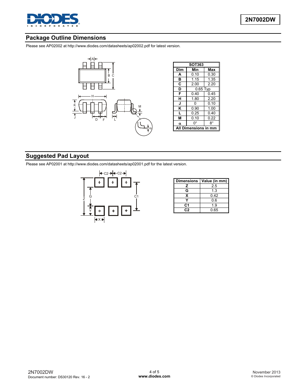 Package outline dimensions, Suggested pad layout | Diodes 2N7002DW User Manual | Page 4 / 5