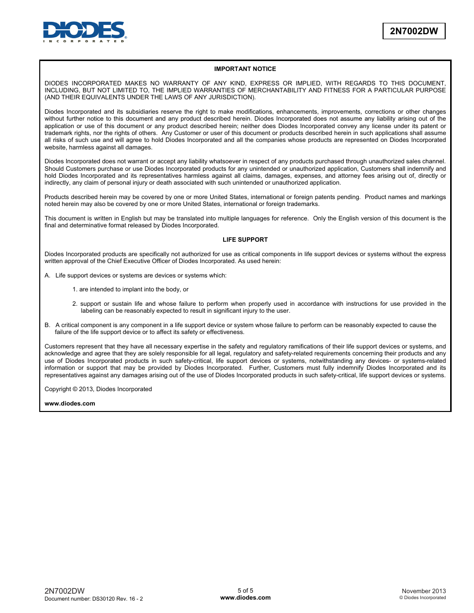 Diodes 2N7002DW User Manual | Page 5 / 5