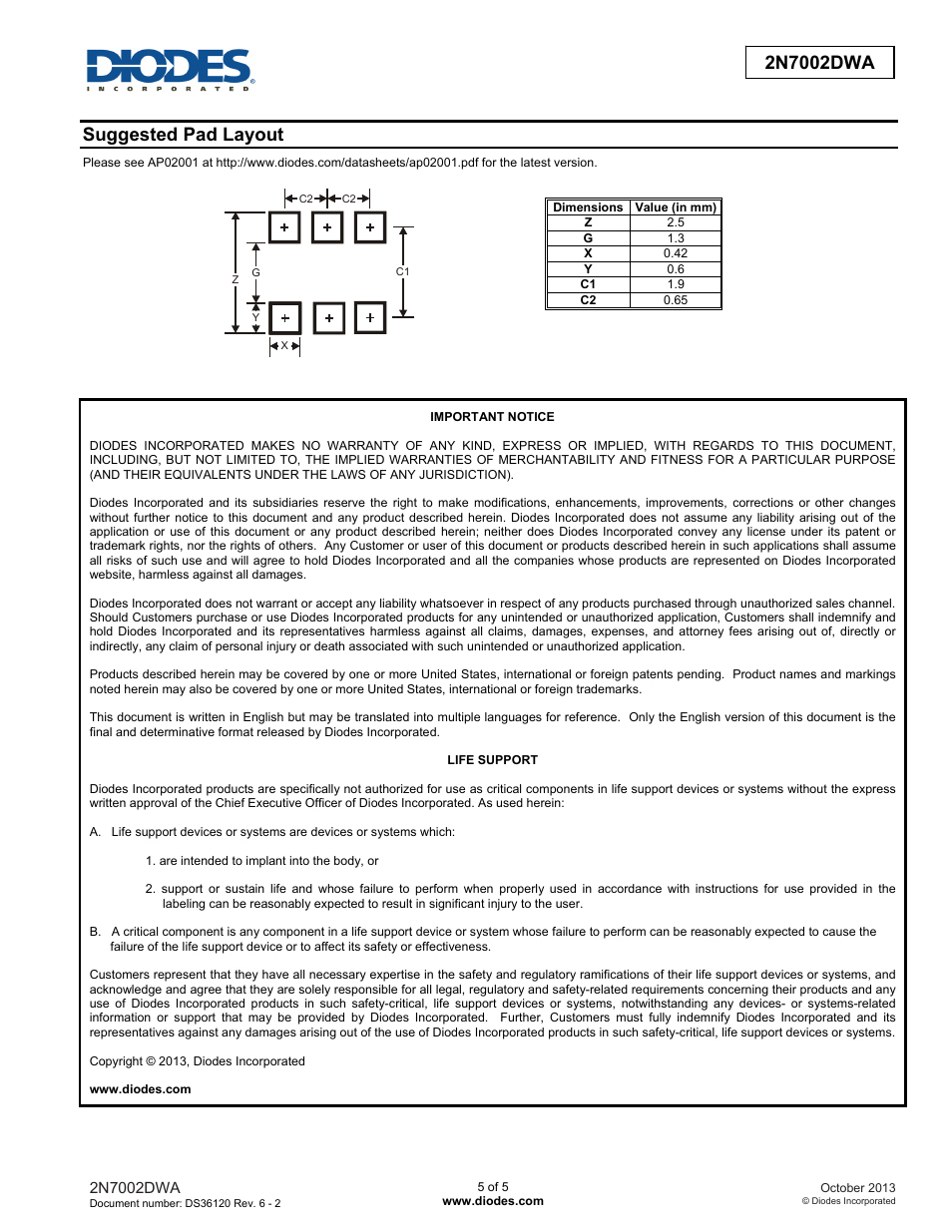 Suggested pad layout | Diodes 2N7002DWA User Manual | Page 5 / 5