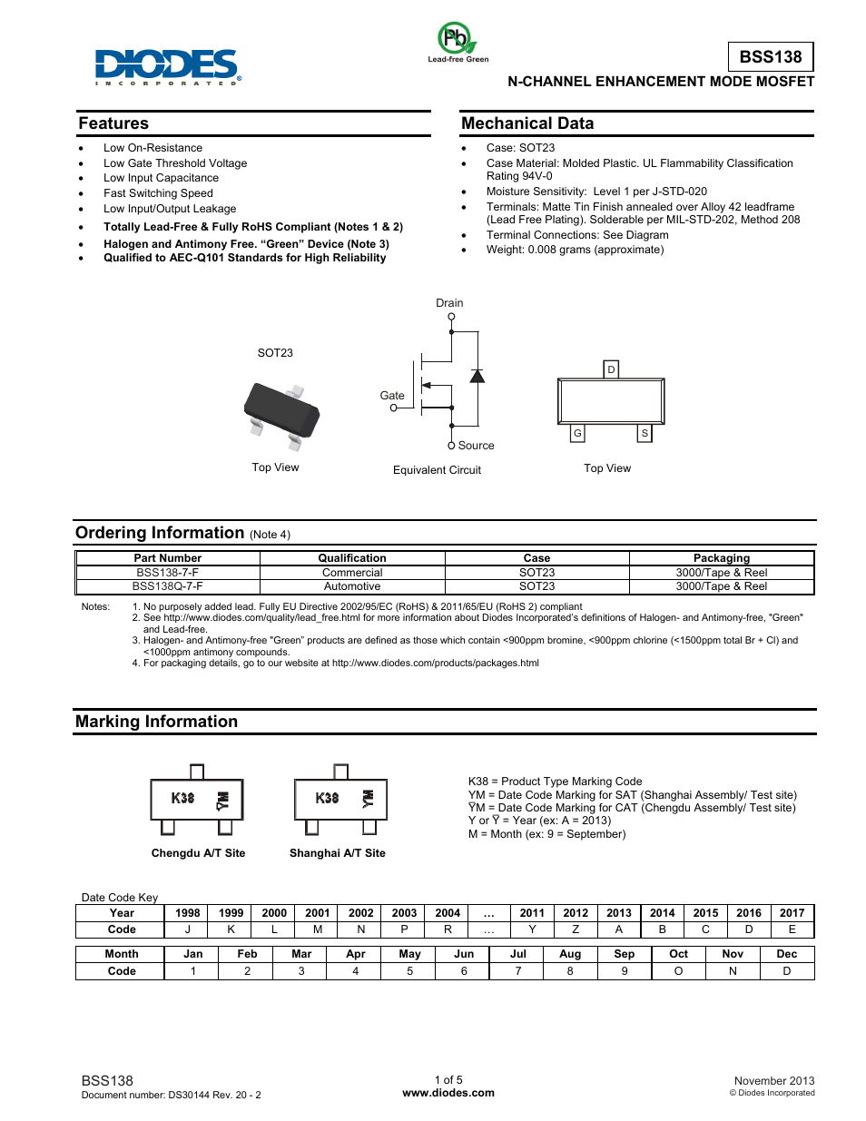 Diodes BSS138 User Manual | 5 pages