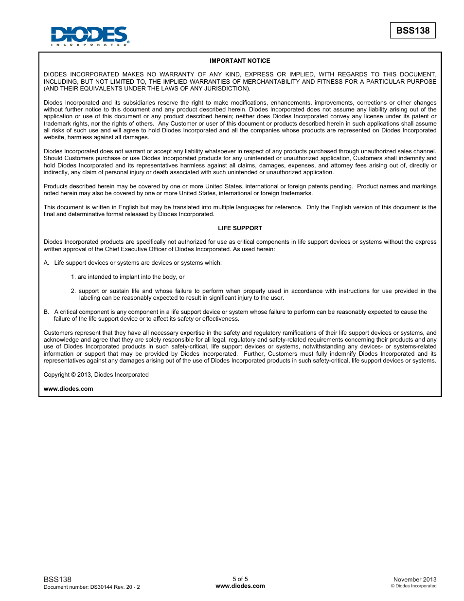 Bss138 | Diodes BSS138 User Manual | Page 5 / 5