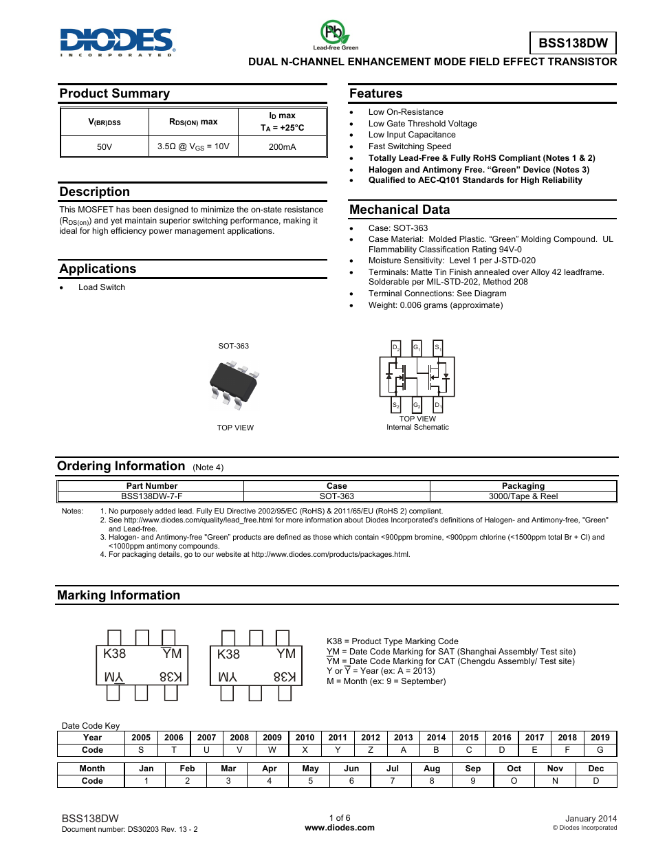 Diodes BSS138DW User Manual | 6 pages