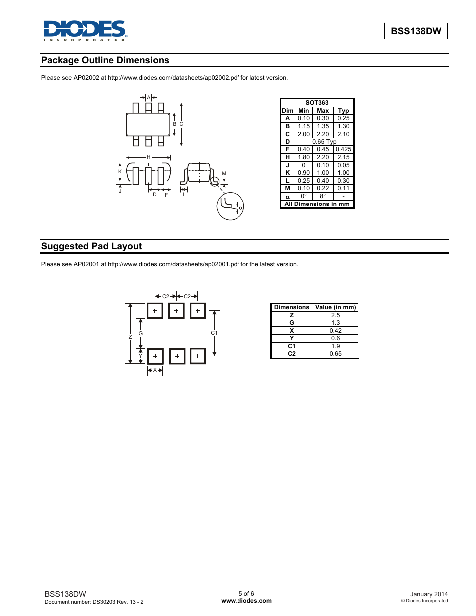 Bss138dw, Package outline dimensions, Suggested pad layout | Diodes BSS138DW User Manual | Page 5 / 6