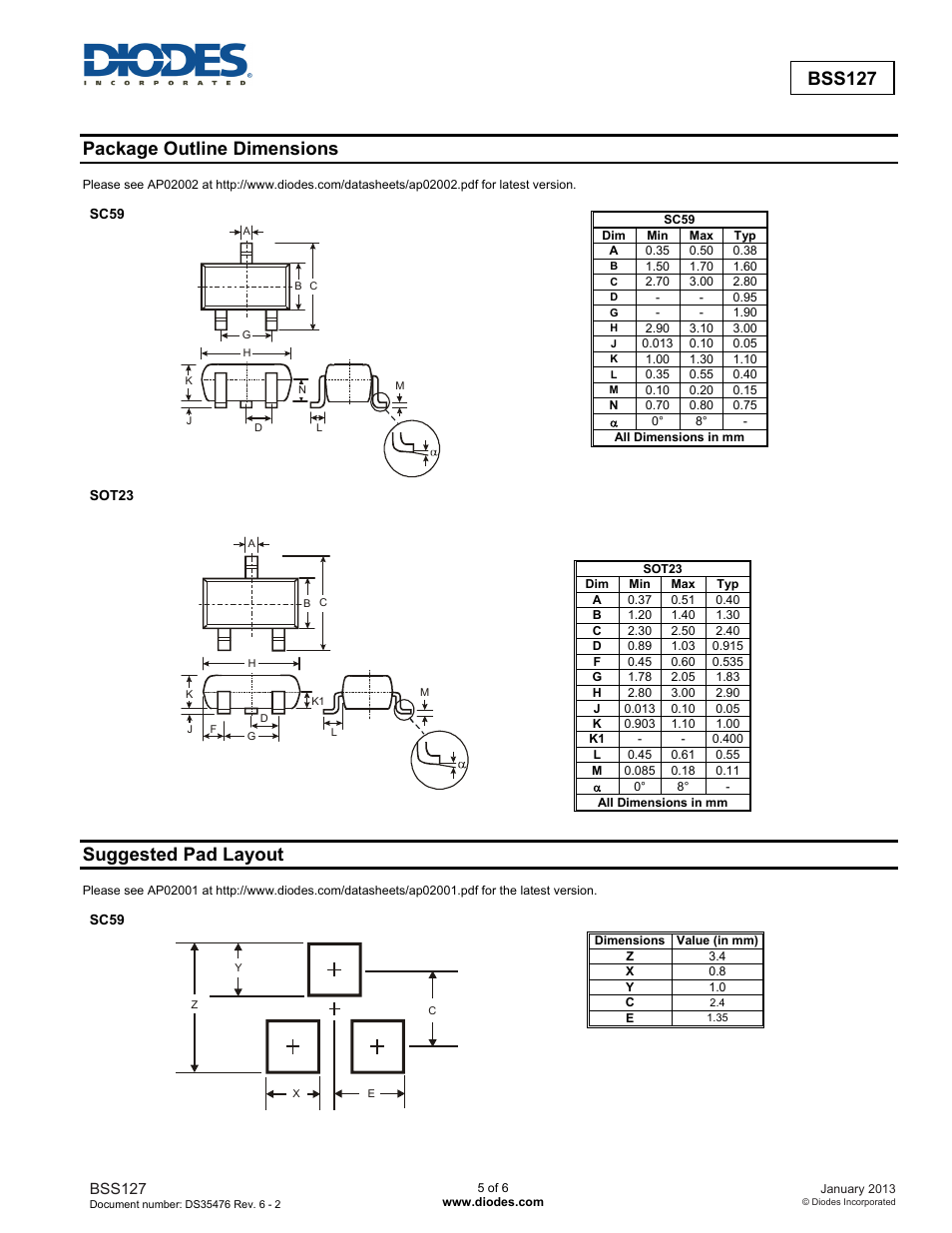 Bss127, Package outline dimensions, Suggested pad layout | Diodes BSS127 User Manual | Page 5 / 6