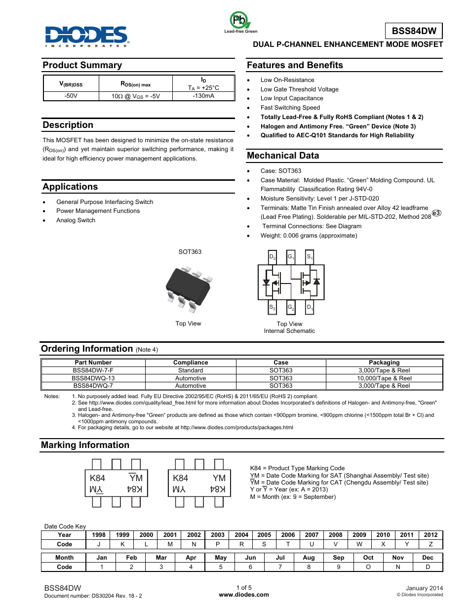 Diodes BSS84DW User Manual | 5 pages