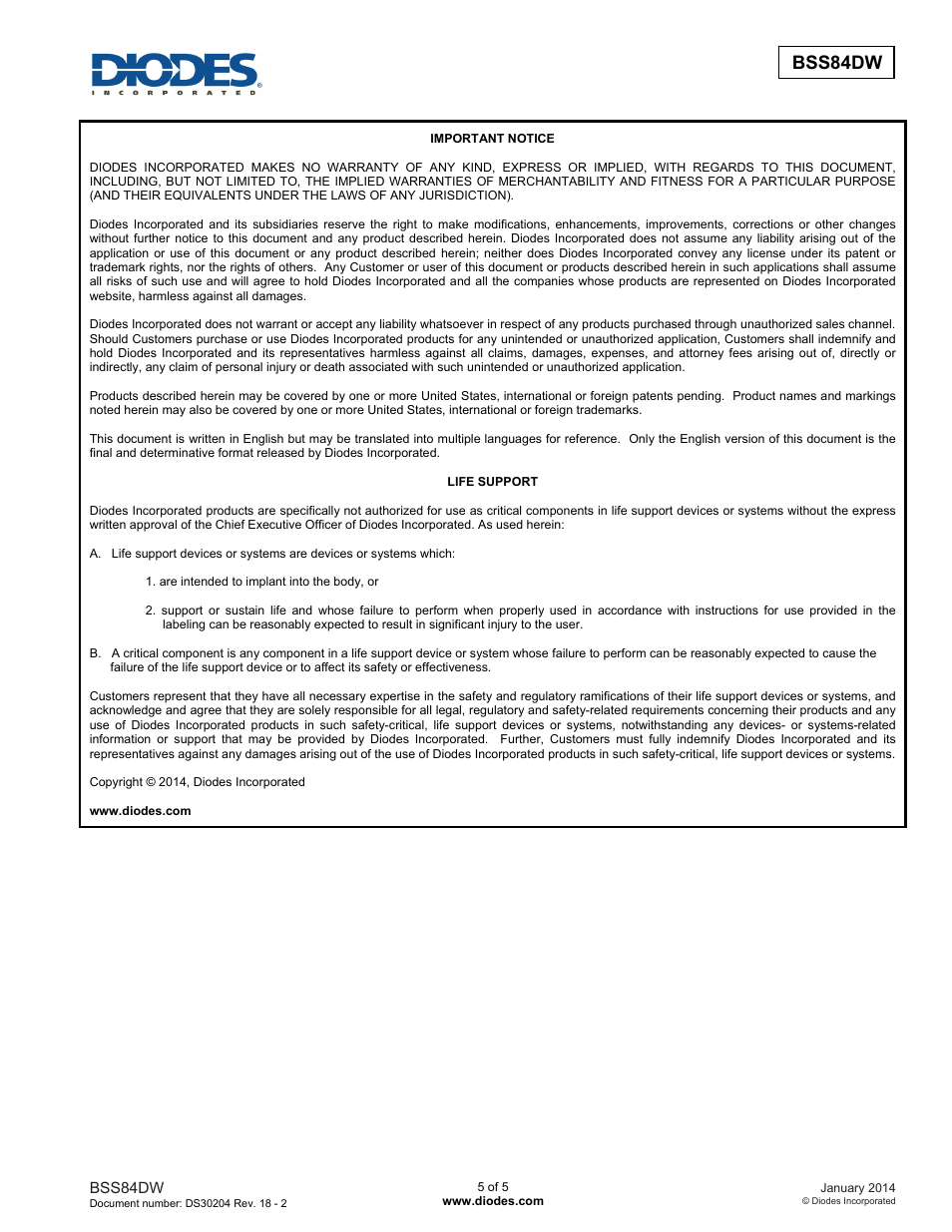 Bss84dw | Diodes BSS84DW User Manual | Page 5 / 5