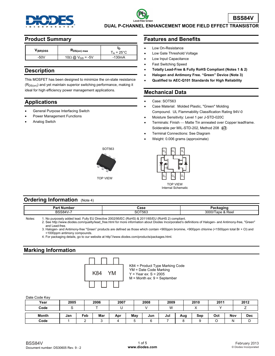 Diodes BSS84V User Manual | 5 pages