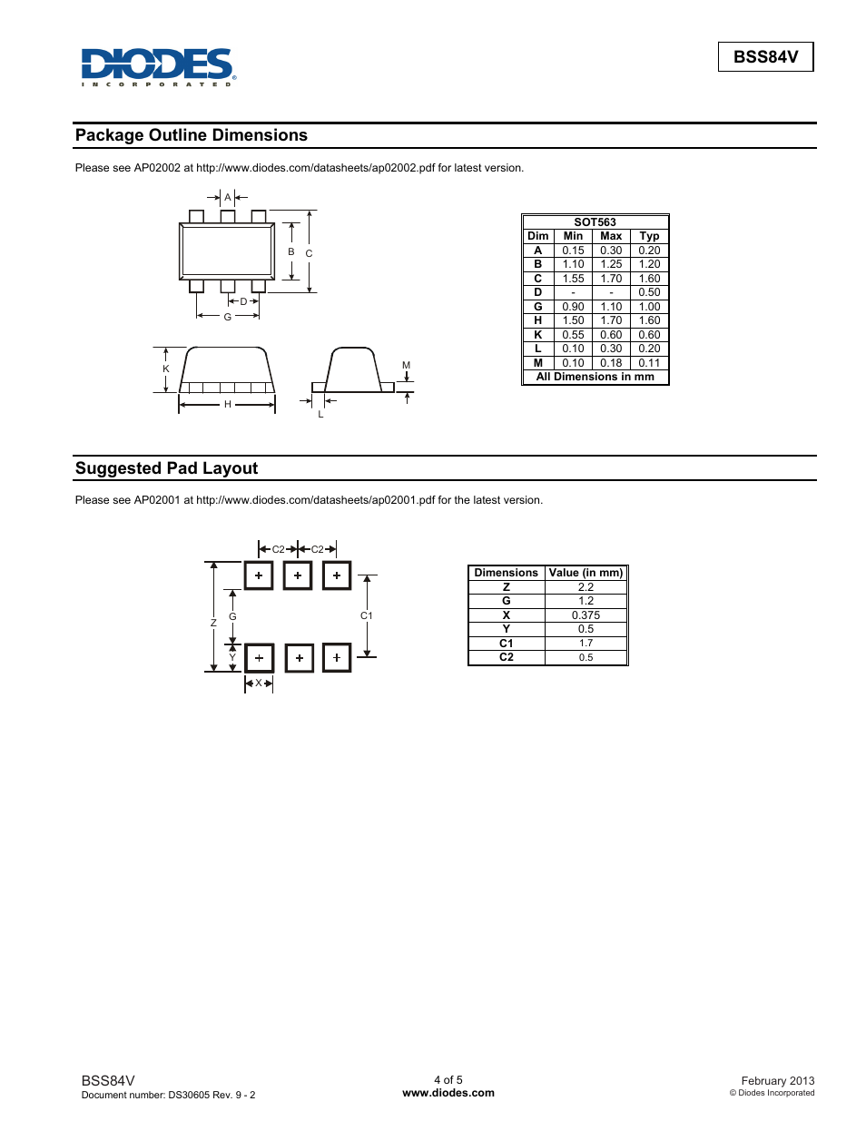 Bss84v new prod uc t, Package outline dimensions, Suggested pad layout | Diodes BSS84V User Manual | Page 4 / 5