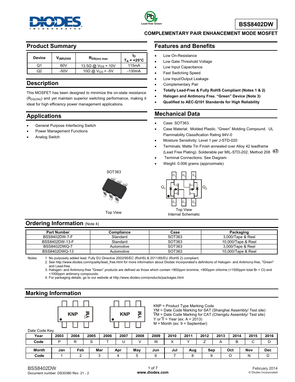 Diodes BSS8402DW User Manual | 7 pages