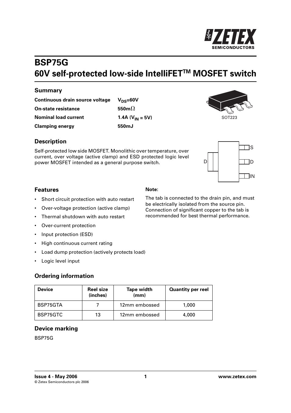 Diodes BSP75G User Manual | 8 pages