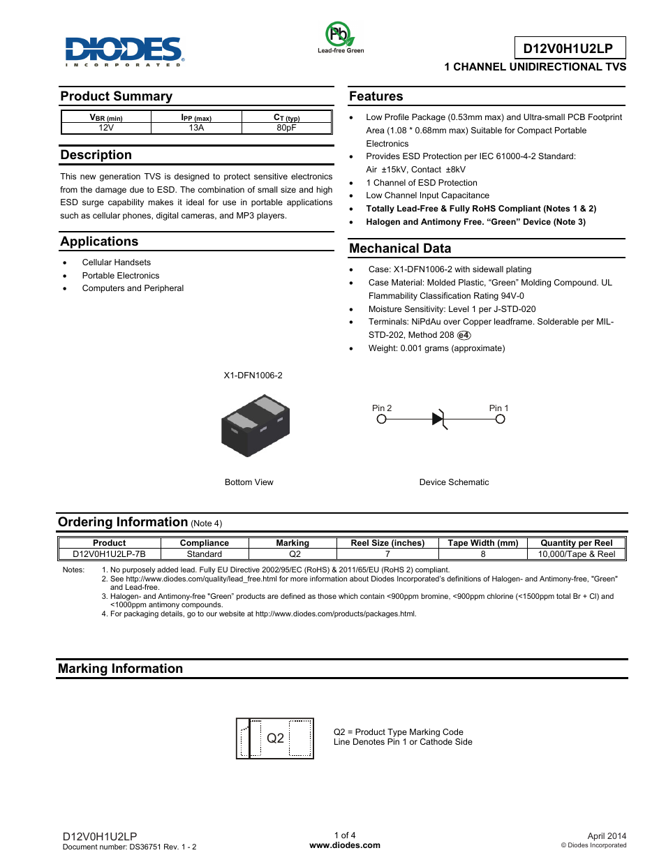 Diodes D12V0H1U2LP User Manual | 4 pages