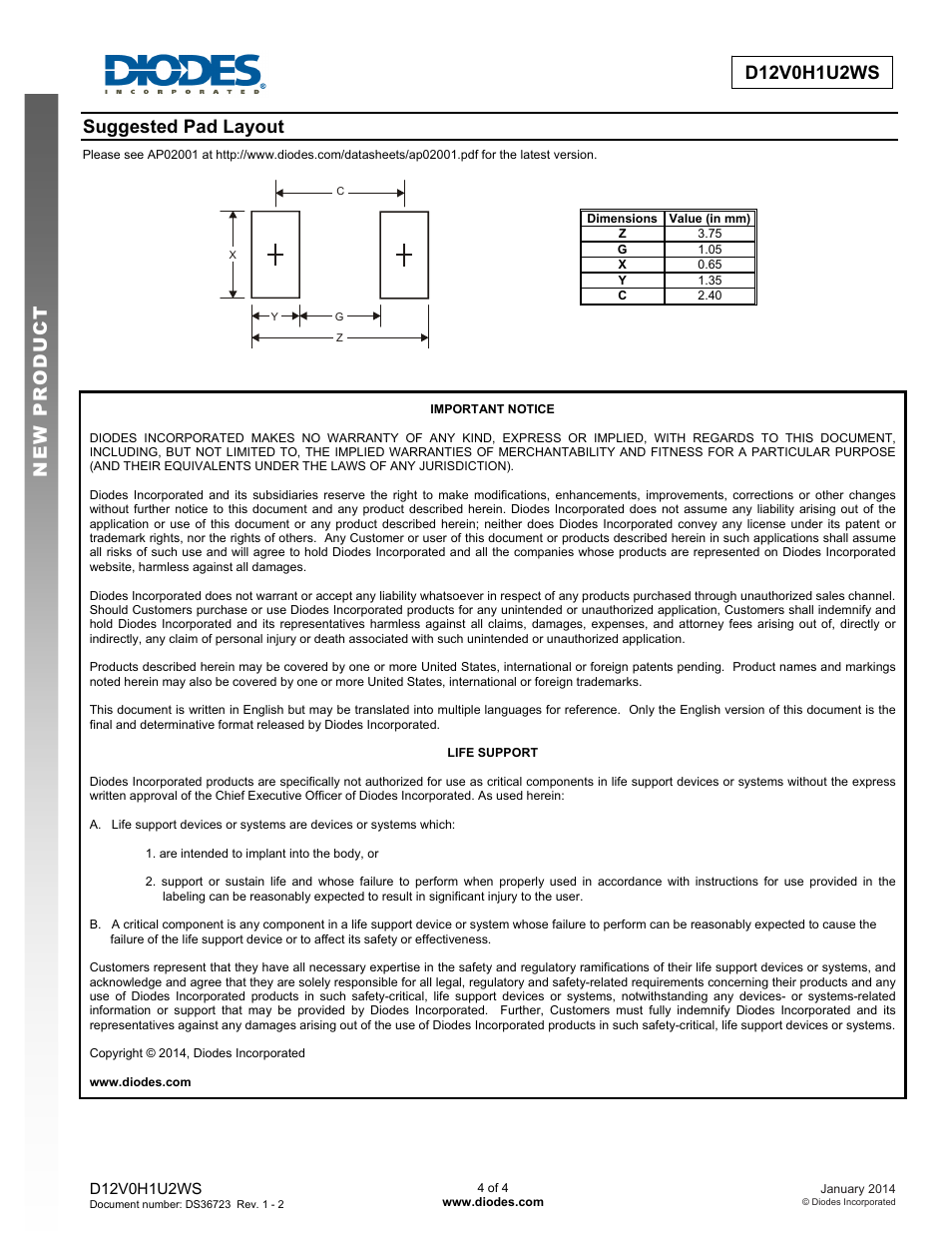 Suggested pad layout | Diodes D12V0H1U2WS User Manual | Page 4 / 4