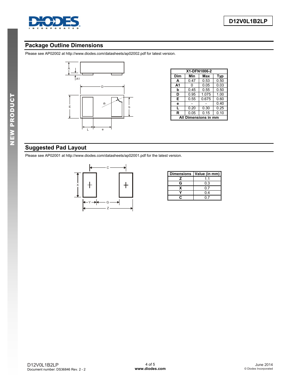 Package outline dimensions, Suggested pad layout | Diodes D12V0L1B2LP User Manual | Page 4 / 5