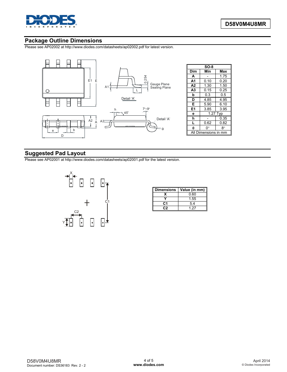 Package outline dimensions, Suggested pad layout | Diodes D58V0M4U8MR User Manual | Page 4 / 5