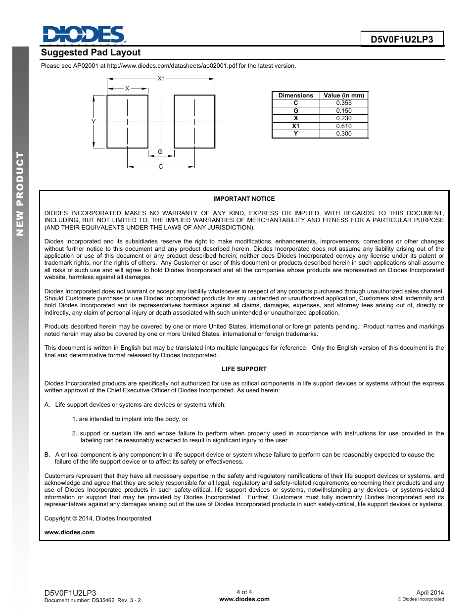 Suggested pad layout | Diodes D5V0F1U2LP3 User Manual | Page 4 / 4
