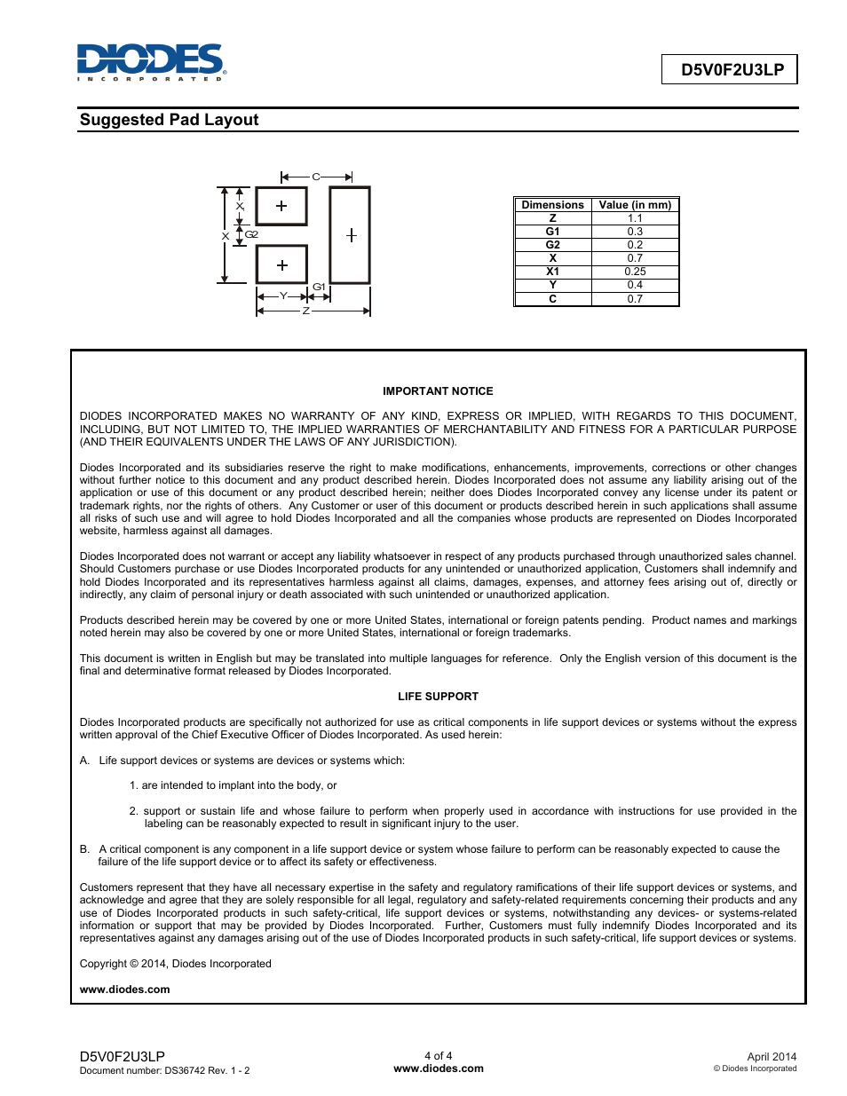 D5v0f2u3lp, Suggested pad layout | Diodes D5V0F2U3LP User Manual | Page 4 / 4