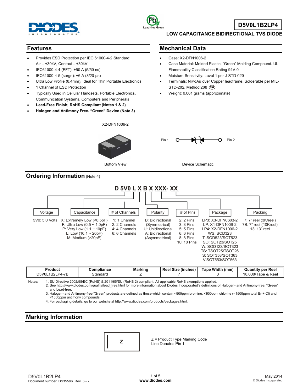 Diodes D5V0L1B2LP4 User Manual | 5 pages