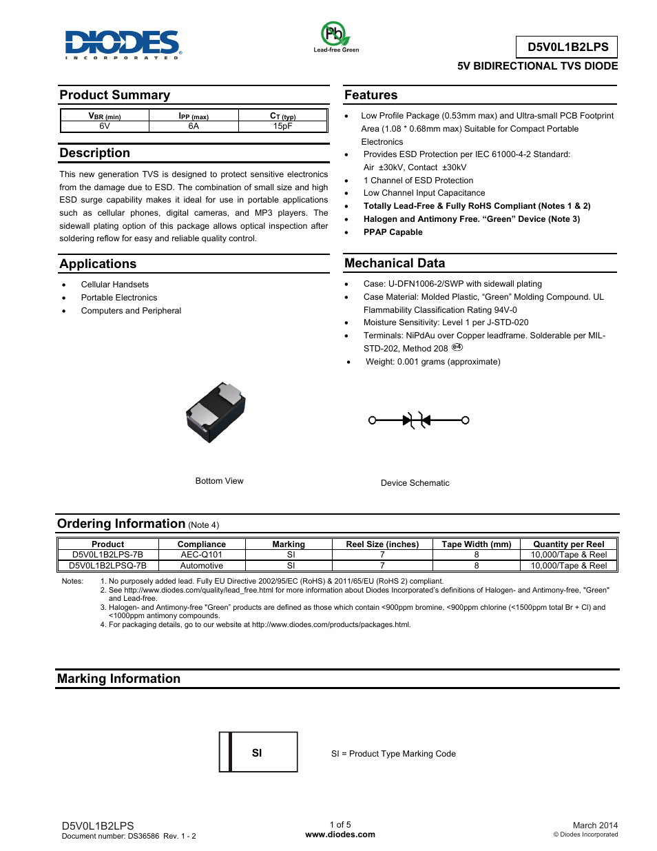 Diodes D5V0L1B2LPS User Manual | 5 pages