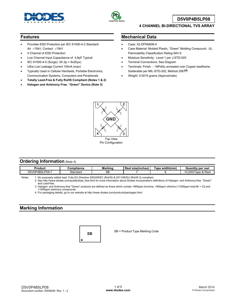 Diodes D5V0P4B5LP08 User Manual | 5 pages