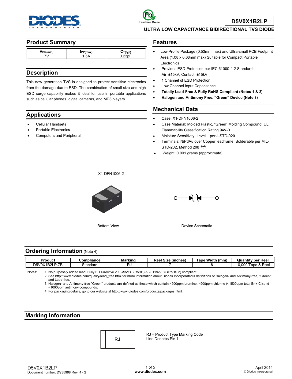 Diodes D5V0X1B2LP User Manual | 5 pages