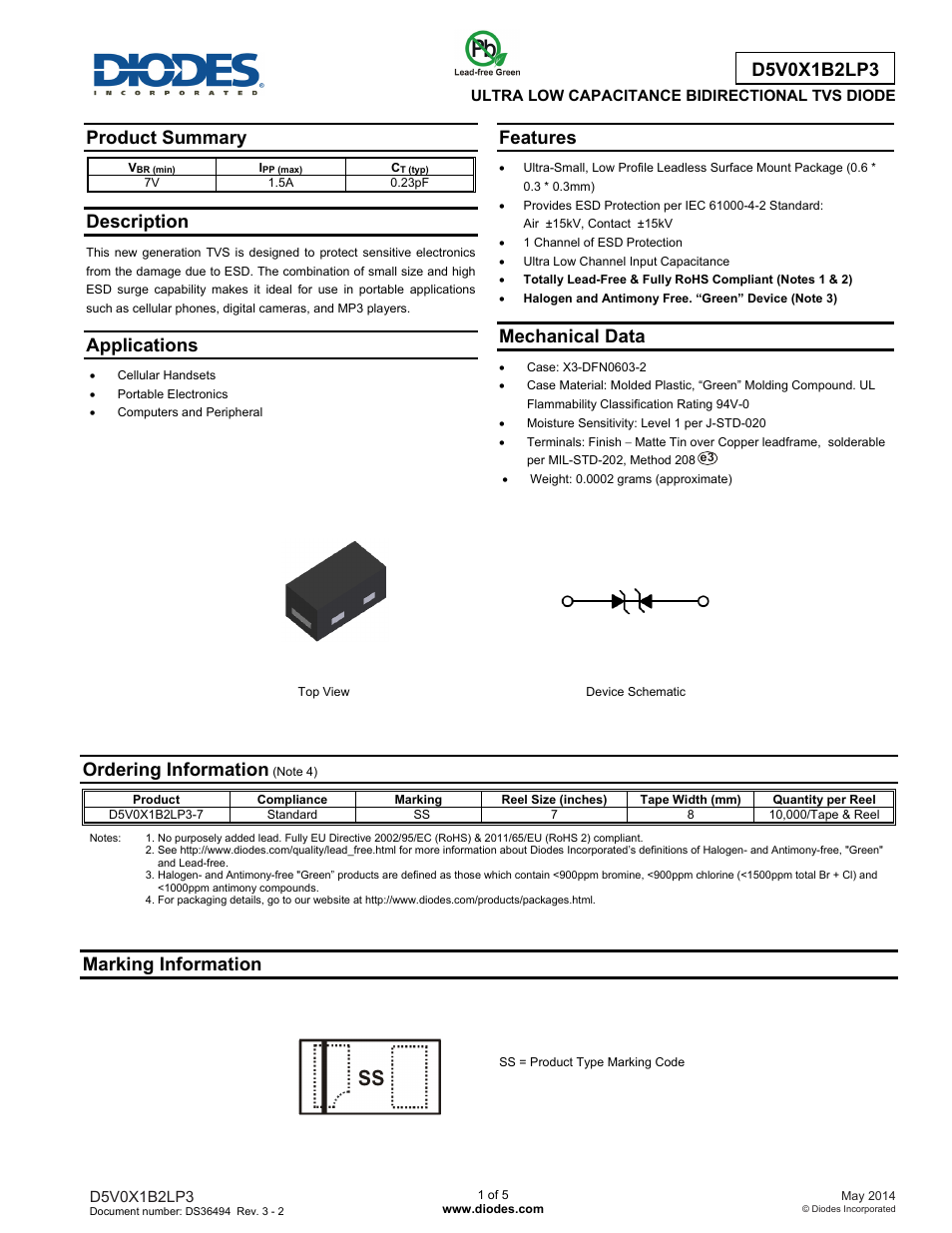 Diodes D5V0X1B2LP3 User Manual | 5 pages